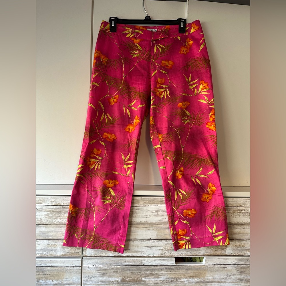 🌺 Cache Pink Tropical Floral Crop Pants Size 10 Y2K Zip Hem